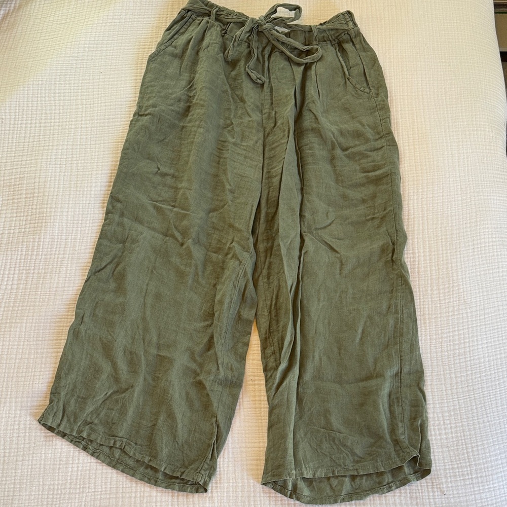 Italian Linen Olive Green Drawstring Wide-Leg Pants